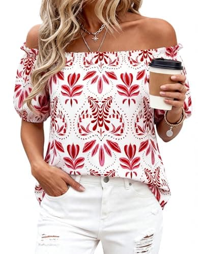 BTFBM Off The Shoulder Boho Tops for Women 2026 Summer Spring Short Sleeve Floral Loose Resort Beach Vacation Clothes(Floral White Red, XX-Large) - Thumbnail 2
