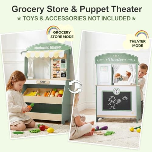 DREAM BUILDING Kids Grocery Store Pretend Play, Puppet Theater&Grocery Store Playset Toy Double-Sided, Toddler Supermarket Toy Cash Register w/Blackboard, Display Shelves, Gift for Boys Girls, Green - Thumbnail 4