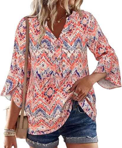 LOOKBOHO Womens Tops 3/4 Sleeve Dressy Casual Floral Blouses Button V-Neck Business Tops Boho Shirts Red&Navy L - Image 1