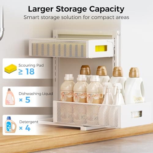 HAIREALM 2 Pack Under Sink Organizer, Adjustable Height Under Sink Organizers and Storage, Smooth & Silent Sliding Out Metal Drawer for Kitchen Bathroom Pantry Cabinet Closet (White) - Thumbnail 6