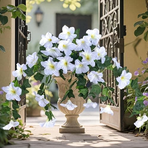 BSMYBO 2Pcs Artificial Hanging Flowers for Outdoors, Fake Outdoor Flowers Faux Petunias Silk Flowers for Outdoor planters UV Resistant for Home Garden Balcony Yard Porch Patio Decor (White) - Image 1