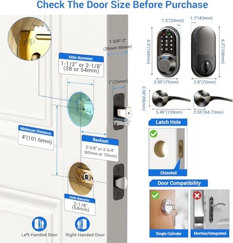 Veise RZ07B Smart Locks for Front Door, 2 Lever Handles, Fingerprint Keyless Entry, App Control Biometric Door Lock Set, Touchscreen Keypad Deadbolt, Easy Install, Auto Locking, Matte Black - Thumbnail 5
