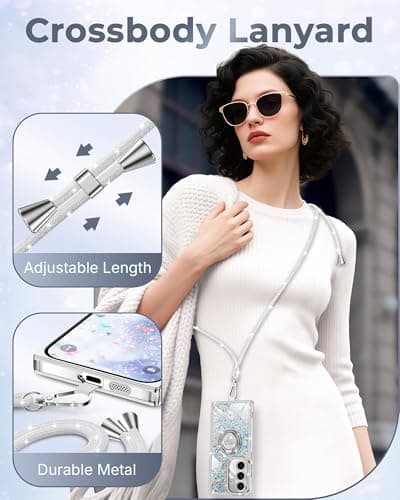 XYZ for Galaxy S25 Case, Glitter Bling S24 Phone Cover with 2-Ring Heart Stand & Lanyard, Women Girls Luxury Rhinestone Shockproof Protective Case para Samsung S25/S24, Silver - Thumbnail 5