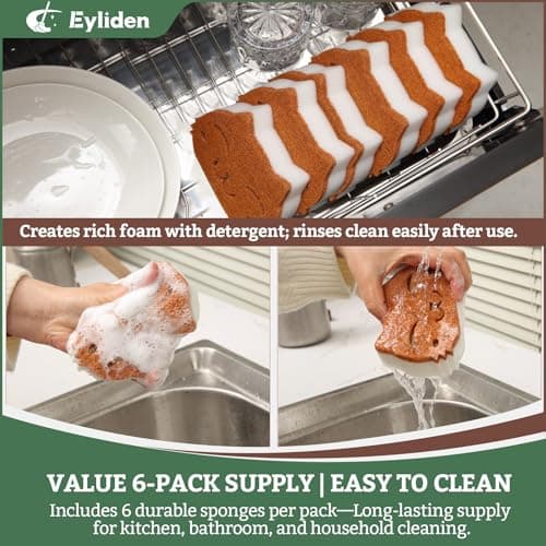 Eyliden Cat Scrub Sponges, 6 Pack | Dual-Sided Plant-Based Dish Sponges for Kitchen & Bathroom | Non-Scratch Cleaning for Dishes, Pots, Pans, Glassware - Thumbnail 6