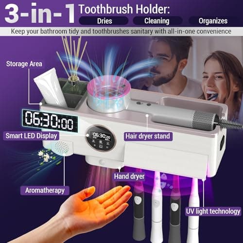 Toothbrush Cleaner and Holder for Bathrooms Wall Mounted with Fan Drying&30min Timing Function Cruise Air Drying,Electric Toothbrush Holder with 4Toothbrush Slots,Toothpaste Dispenser with Led Smart - Thumbnail 2