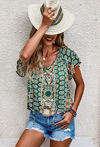 Angashion Women's Summer Tops Casual Floral Print V Neck Ruffle Short Sleeve Loose Tunic T Shirt Blouse Green XL - Thumbnail 6
