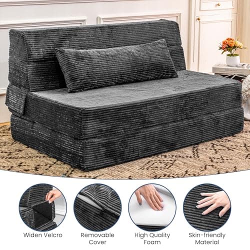 Cvortll Folding Sofa Bed, Convertible Sleeper Chair with Pillow, High Density Memory Foam Fold Out Couch, Foldable Mattress Futon Sofa for Living Room/Dorm/Guest Use/Apartment/Home Office - Thumbnail 6