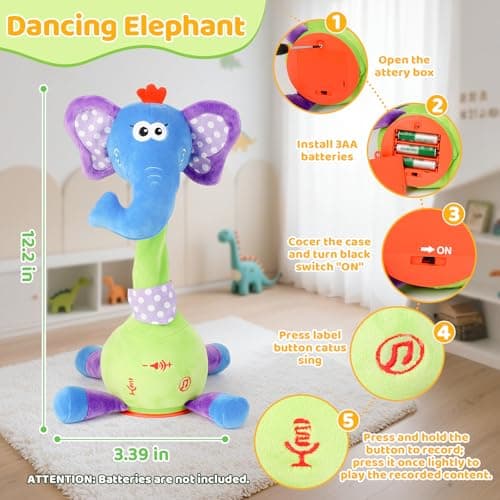 Dancing Talking Elephant Baby Toy, Elephant Stuffed Animal Interactive Toy, Repeating What You Say, Singing 10 Children's Song, Glow & Melody Elephant Plush Toy for Toddlers 1-3 Years Old (Elephant) - Thumbnail 3