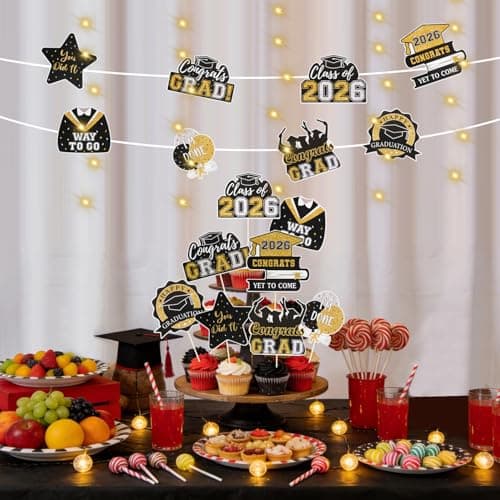 Graduation Decorations 2026 Graduation Party Decorations 32Pcs Black Gold Grad Table Centerpiece Sticks with String Lights for College High School Congrats Grad Party Decor Photo Props - Thumbnail 2