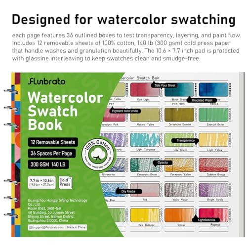 FLUNBRATO Watercolor Swatch Book 12 Sheets,100% Cotton Binder Bound 10.6 x 7.7 inch 140lb 300gsm Swatch Book for Watercolor Colored Pencils Oil Pastel Acrylic Markers & Mixed Media - Thumbnail 5