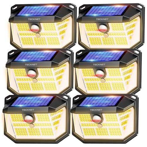 TECKNET 231 LED Motion Sensor Outdoor Lights, 6 Pack, 300° Solar Security Wall Lights, 3 Lighting Modes, IP65 Waterproof, PIR Motion Sensor for Outside, Fence, Garden, Yard, Deck, Garage - Warm White