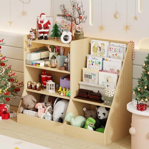 IKALIFE 39" Large Kids Wooden Bookshelf and Toy Storage Organizer, Baby Bookcase with Sling Book Rack, Children Toddler Wooden Book Shelf for kids rooms, Playroom, Classroom, Nursery, School (Natural) - Image 1