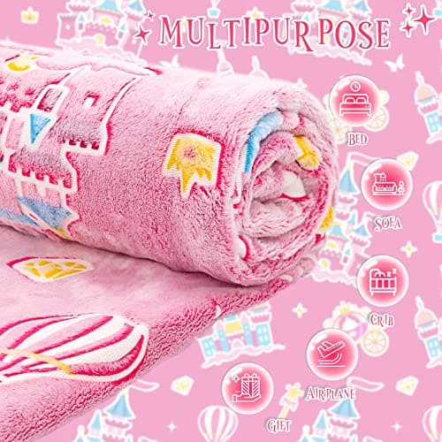 BORORO Glow in the Dark Princess Blanket for Girls Graduation, Princess Castle Gifts Toys for Girls, Pink Throw Blanket for Couch Bed Room Decor, Soft Fleece Plush Bedding for Kids Toddlers 50" x60“ - Thumbnail 4