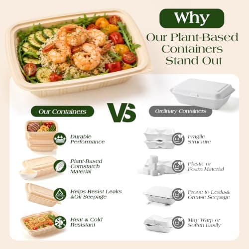 100 Piece (50 Pack) Meal Prep Containers with Lids,32 oz Resuable Cornstarch Material Salad Containers, Plant-based Lunch Boxes, Plastic Take Out Bowls BPA Free, Microwave Freezer Safe, Stackable - Thumbnail 4
