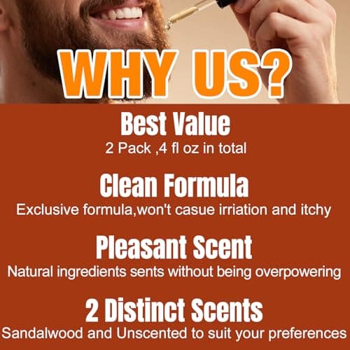 Beard Oil for Men,4 Floz,2 Packs Natural Sandalwood & Unscented Beard Growth Oil with VE,Argan & Jojoba Oil,Softens,Moisturizes,Strengthens,Adds Shine,Reduces Frizz,No Fragrance Conditioner for Men - Thumbnail 2