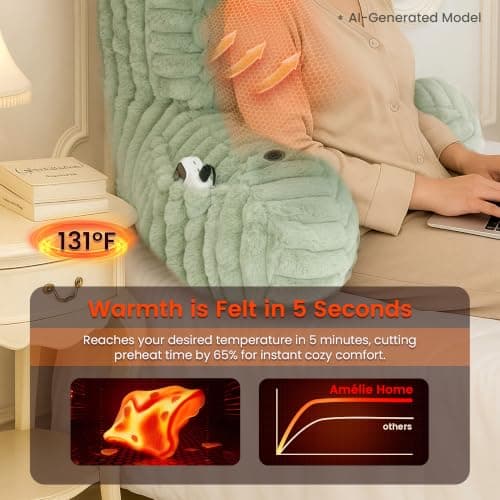 Amélie Home Heated Faux Fur Reading Pillow 3 Temperature Backrest for Sitting in Bed Support Cushion, USB-Powered(No Power Bank Included) Warming (113°F-131°F), 3H Auto Shutoff, Sage Green, 26 Inches - Thumbnail 5