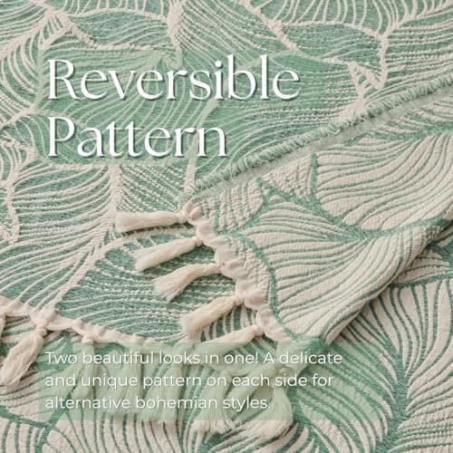 DOWN HOME Chenille Cotton Throw Blanket for Couch, Lightweight Boho Blanket for Bed Sofa Chair Living Room Outdoor Soft Woven Decorative Blanket with Tassel Gift Green Leaves 55"x60" - Thumbnail 5