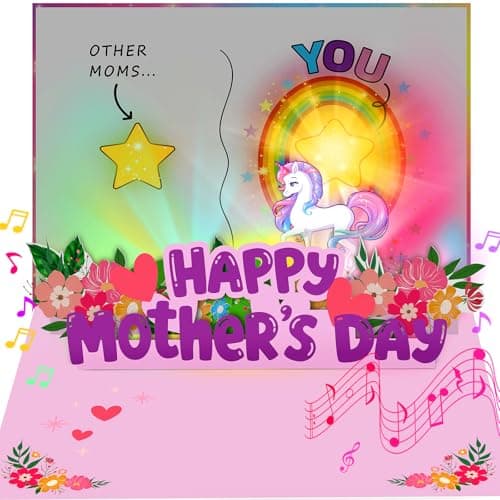 mountova Mothers Day Card with Music and Lights, Magical Unicorn Mother’s Day Card with Gold Foil Cover, 3D Pop Up Mothers Day Gift for Mom, Grandma, Wife, Daughter, 7.9 x 5.9 Inch