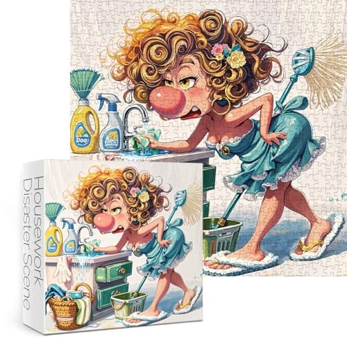 Funny Woman Theme Puzzles for Adults 1000 Pieces. Housework Disaster Scene Jigsaw Puzzles. Challenging Cartoon Art Puzzles - Thumbnail 2