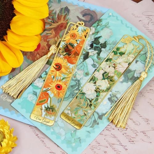 Kinsound Metal Bookmarks with Tassel, Golden Van Gogh Monet Oil Painting Theme Cute Hollow Book Markers for Reading Women, Teachers, Students, Reading Accessories Gifts for Book Lovers (Style A(6PCS)) - Thumbnail 6