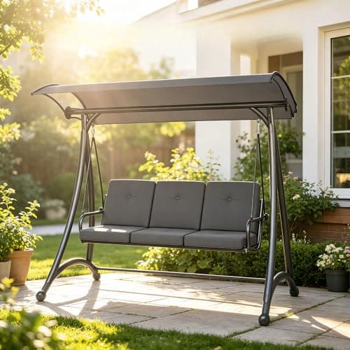 Outdoor Patio Swing, 3 Seat Porch Swing with Adjustable Canopy, Swing Chair for Backyard Garden Patio(Grey) - Image 1