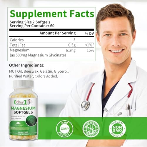 Magnesium Glycinate 500mg Softgels Supplement, Small Easy to Swallow Magnesium Gelcaps High Absorption for Night Leg&Sleep Support, Muscle&Bone, Calm, Non GMO, 120 Gelcaps, 60 Day Supply - Thumbnail 2