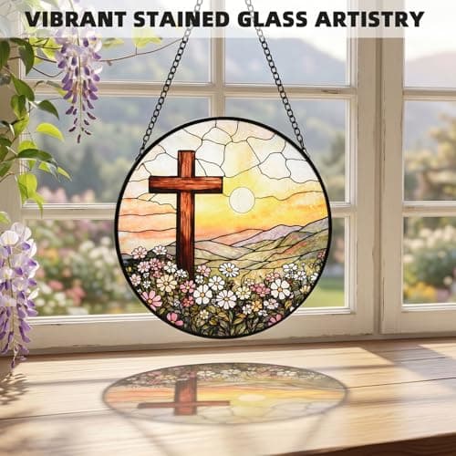 8 Inch Stained Glass Cross Sunset for Windows Hanging, Stained Glass Gift, Christian Gifts, Religious Gifts, Christian Cross, Window Decor, Religious Faith Gift for Easter, Mother's Day, Christmas - Thumbnail 4