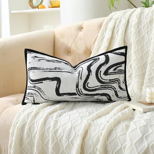 OLSUNOR Black and White Pillow Covers, 20x12 inch Geometric Decorative Throw Pillow Covers w/Invisible Zipper & Velvet Flange Edge, Soft Chenille Jacquard Accent Pillow for Mother's Day, Home Decor - Image 1