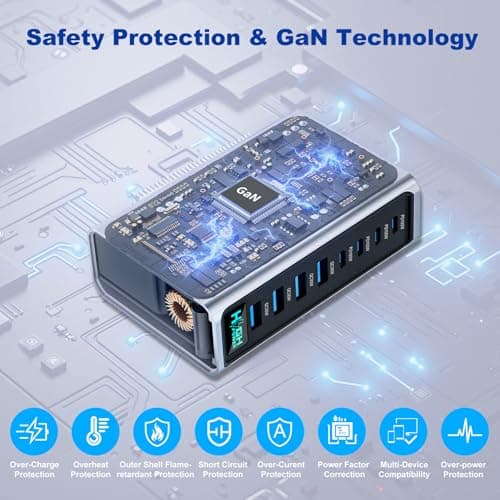 520W USB C Charger Station, 8-Port (4C+4A) GaN Fast Charger Block, 100W PD PPS for MacBook/iPad/iPhone, with PFC & Anti-Slip Base, Ventilation Design, Include 1.5M 100W Cable & Cable Organizer - Thumbnail 3