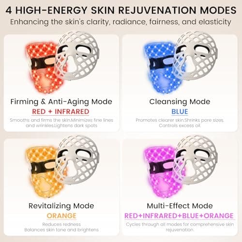 Avorla LED Face Mask Light Therapy, 4 Modes Portable Red Light Therapy Infrared Light for Face with 2600mAh Rechargeable, IP67 Washable, 216 LEDs for glow skin at Home - Thumbnail 2