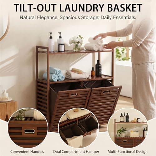 Baveke Bamboo Tilt Out Laundry Hamper with 2 Tier Shelves, Hidden Laundry Hampers with 2 Removable Bags, Pull Out Laundry Hamper Cabinet, Bathroom Storage Shelf for Laundry Room, FSC-Certified, Brown - Thumbnail 6
