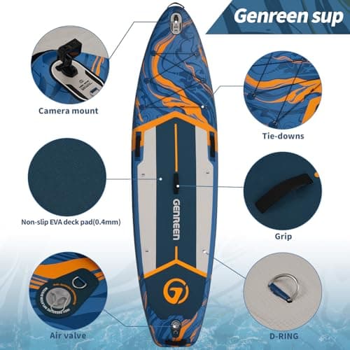 GENREEN Stand Up Paddle Board SUP Inflatable Paddleboard Newly Improved Quality Inspection5 Ultra Stable 5 Grips 450LBS 3 Fins EVA 0.5cm Wide 11'34"6" for JP Customers (Ocean Blue) - Thumbnail 4