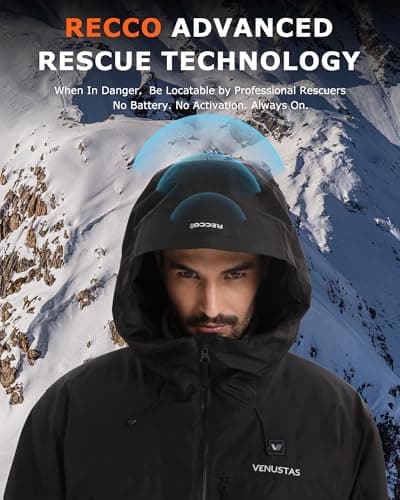 Venustas Men's Heated 3L Ski Insulated Jacket with 12V Battery, Waterproof, Windproof,Breathable, RECCO Reflector Built in - Thumbnail 4