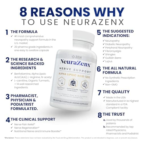 Zen Nutrients NeuraZenX Nerve Support & Peripheral Neuropathy Support Supplement with 1200mg Alpha Lipoic Acid (ALA), Benfotiamine, L-Carnitine, and Turmeric - Thumbnail 3