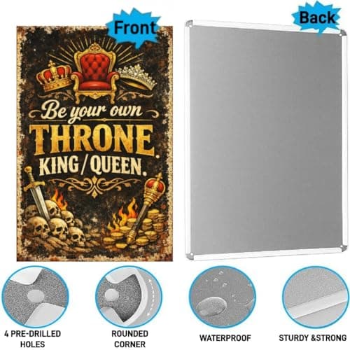 Be Your Own Throne King Queen Vintage Metal Tin Sign 8x12 Inch Motivational Wall Decor Rustic Retro Royal Chair Crown Sword Skull Art Plaque for Man Cave Office Home with Pre Drilled Holes - Thumbnail 6