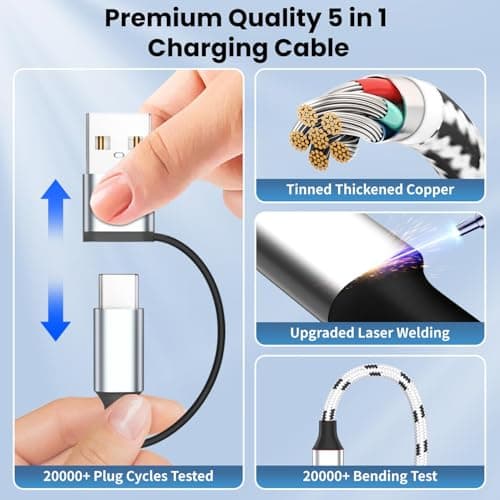 Travel Essentials Multi Charging Cable(2Pack, 5FT), 5 in 1 Charging Cables for Multiple Devices, Nylon Braided Universal Phone Charger Cord USB A/C to Type C/Micro USB/IP for iPhone16/15/14/Phone&Pad - Thumbnail 5