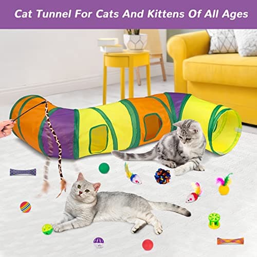 Retro Shaw 33Pcs Cat Toys, Large Cat Tunnels with Toys, Interactive Kitten Toys for Indoor Cats Kitty, Collapsible Cat Tube Tent Feather Wand Teaser Bell Fuzzy Ball Crinkly Springs Mouse - Thumbnail 4