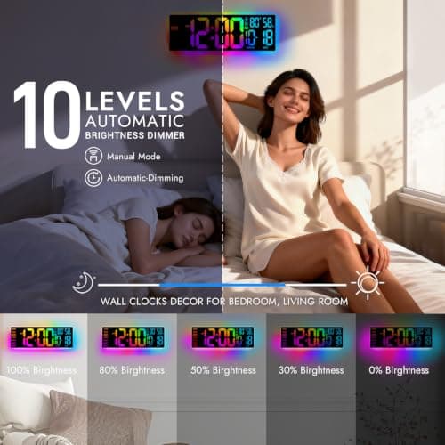 ANSOPER 16.5" Large Digital Wall Clock: 13 RGB Night Lights Giant LED Display with Remote, Auto DST & Dimming, Classroom Must Have, Gaming Room Dorm Decor, Big Number Clock for Seniors RGB - Thumbnail 6