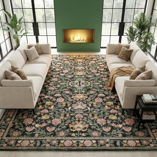 Cnythlis 9'x12' Washable Non-Slip Extra Large Living Room Rug, Vintage Floral 0.26" Low Pile Faux Wool Soft Carpet, Water Resistant for Big Dining Room Bedroom, Charcoal Green - Image 1