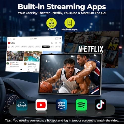 LAMTTO 9" Wireless CarPlay Screen with Net-Flix YouTube Apps Portable Car Play Screen for Apple Carplay and Android Auto with Backup Camera Navigation Bluetooth Voice Control AUX Siri - Thumbnail 3
