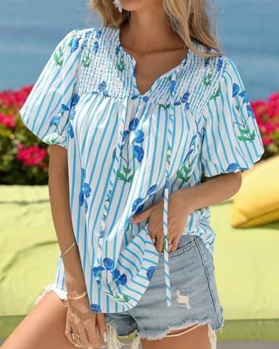 KIRUNDO Boho Tops for Women Summer 2026 Dressy Floral Blouse V Neck Drawstring Short Sleeve Shirts Beach Vacation Clothes(Striped White Blue, Small) - Thumbnail 5