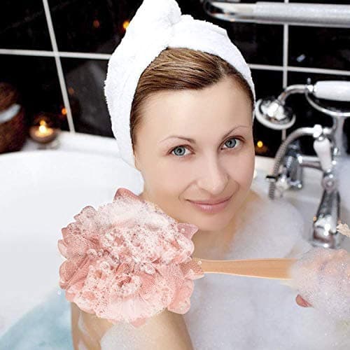 RASDDER Pink Loofah with Handle - Cute Back Scrubber & Exfoliating Shower Sponge, Soft Mesh Luffa on Wooden Stick, Bath Brush for Women and Girls - Thumbnail 3