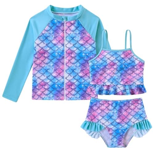 Funnycokid 3T 4T Swimsuit Kids Little Girls Mermaids Blue Bathing Suit Ruffle Rashguard Sets Swimwear Sun Protection Long Sleeve 3 Piece Swimming
