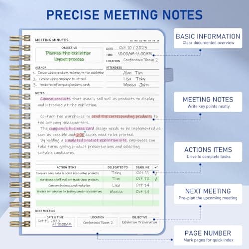 WEMATE 5 Pack Meeting Notebooks for Work（7"x10"） 200 Pages, PU Leather Notebook with Action Items & Note, For Staff & Students, Meeting, Projects Planning- Light Purple, Blue, Rose Gold, Green, Black - Thumbnail 3