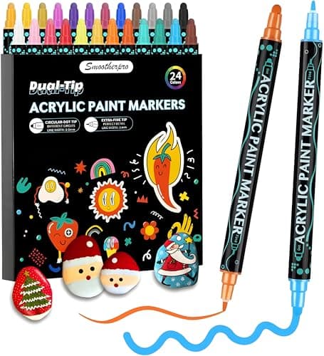 SMOOTHERPRO Acrylic Paint Markers, 24 Colors Dual Tip Acrylic Paint Pens for Wood, Canvas, Stone, Pumpkins, Rock Painting, Glass, Plastic, Ceramic, DIY Crafts Art Supplies