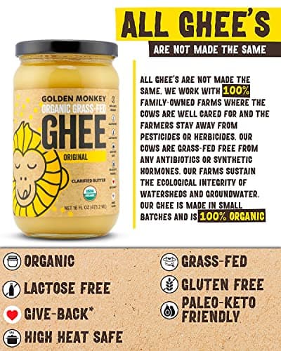 GOLDEN MONKEY Organic Ghee Butter – Grass Fed Clarified Butter for Cooking, Baking, Keto & Gut Health – Ghee Butter Organic Grass Fed from Small Farms – Smooth Spread with High Smoke Point (16oz) - Thumbnail 6