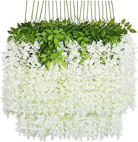 U'Artlines 12 Pack(Total 43.2 Feet) Artificial Fake Wisteria Vine Rattan Hanging Garland Silk Flowers String Home Party Wedding Decor (12, White) - Image 1