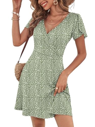 ANRABESS Womens Summer Dresses Short Sleeve Wrap Deep V Neck A-Line Floral Dress Causal Flowy Boho Beach Vacation Sundress Green Cheetah Print XXL