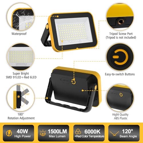 T-SUN Rechargeable Work Light, Portable Flood Light for Outside, Cordless LED Work Light with Tripod Hole, Waterproof Trouble Light USB Powered for Camping Fishing Car Repaire Job Site, 2 Packs - Thumbnail 4