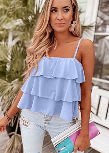 KIRUNDO Spaghetti Strap Ruffle Babydoll Peplum Tank Tops for Women 2026 Summer Cute Flowy Beach Vacation Cruise Outfits(Light Blue, X-Large) - Thumbnail 2